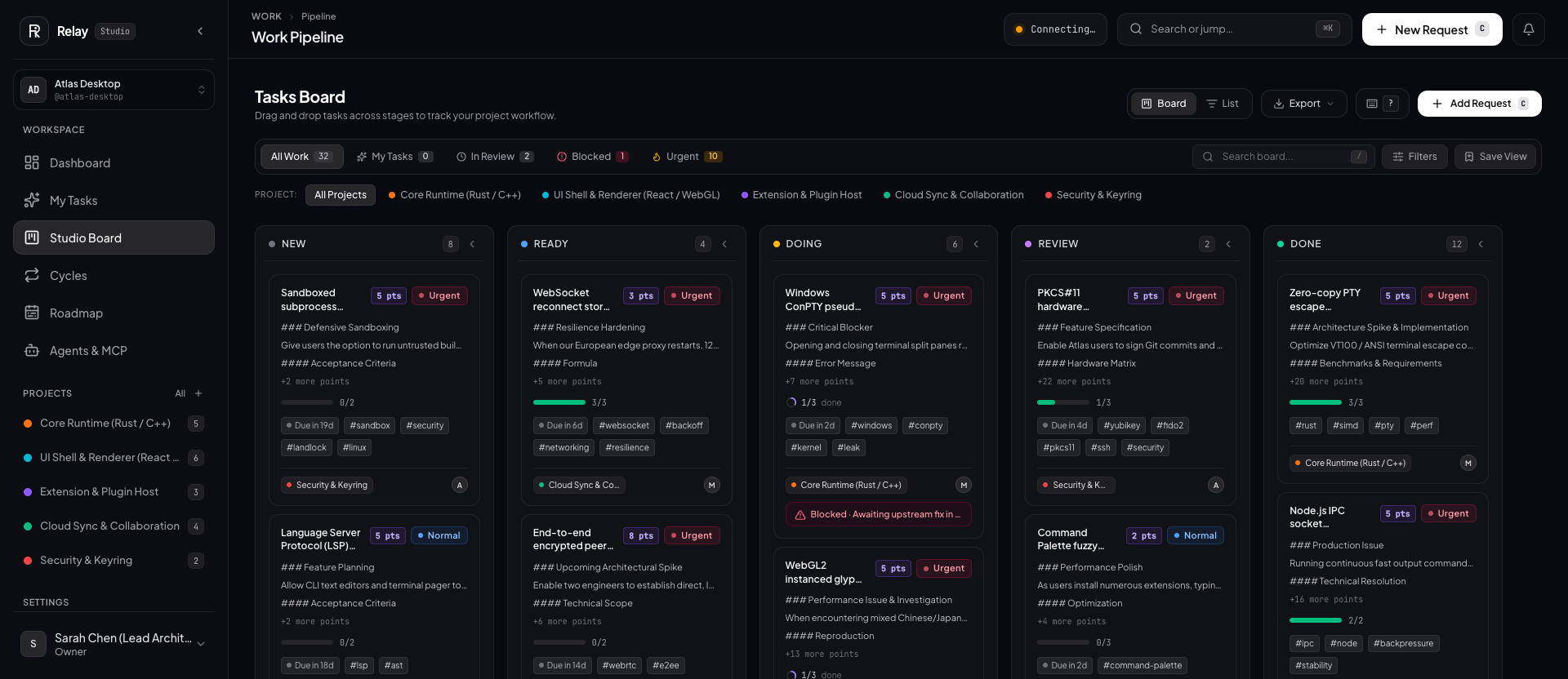 Relay Studio active cycle Kanban board showing live tasks, agent activities, and sprint columns